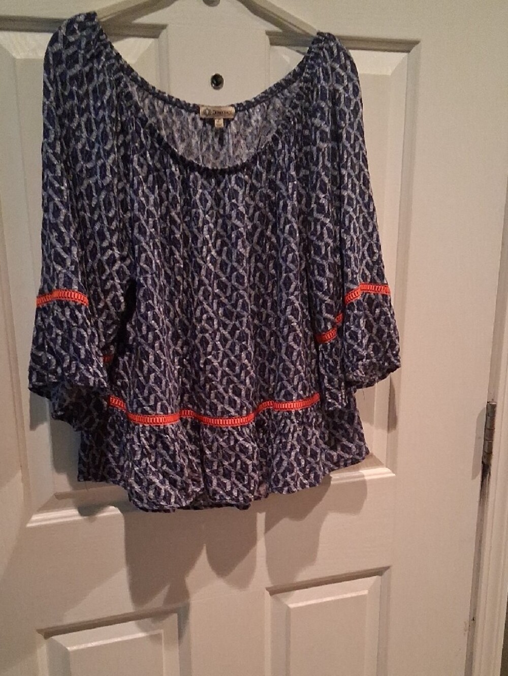 Democracy Blue Patterned Blouse with Orange Trim - Picture 6 of 9